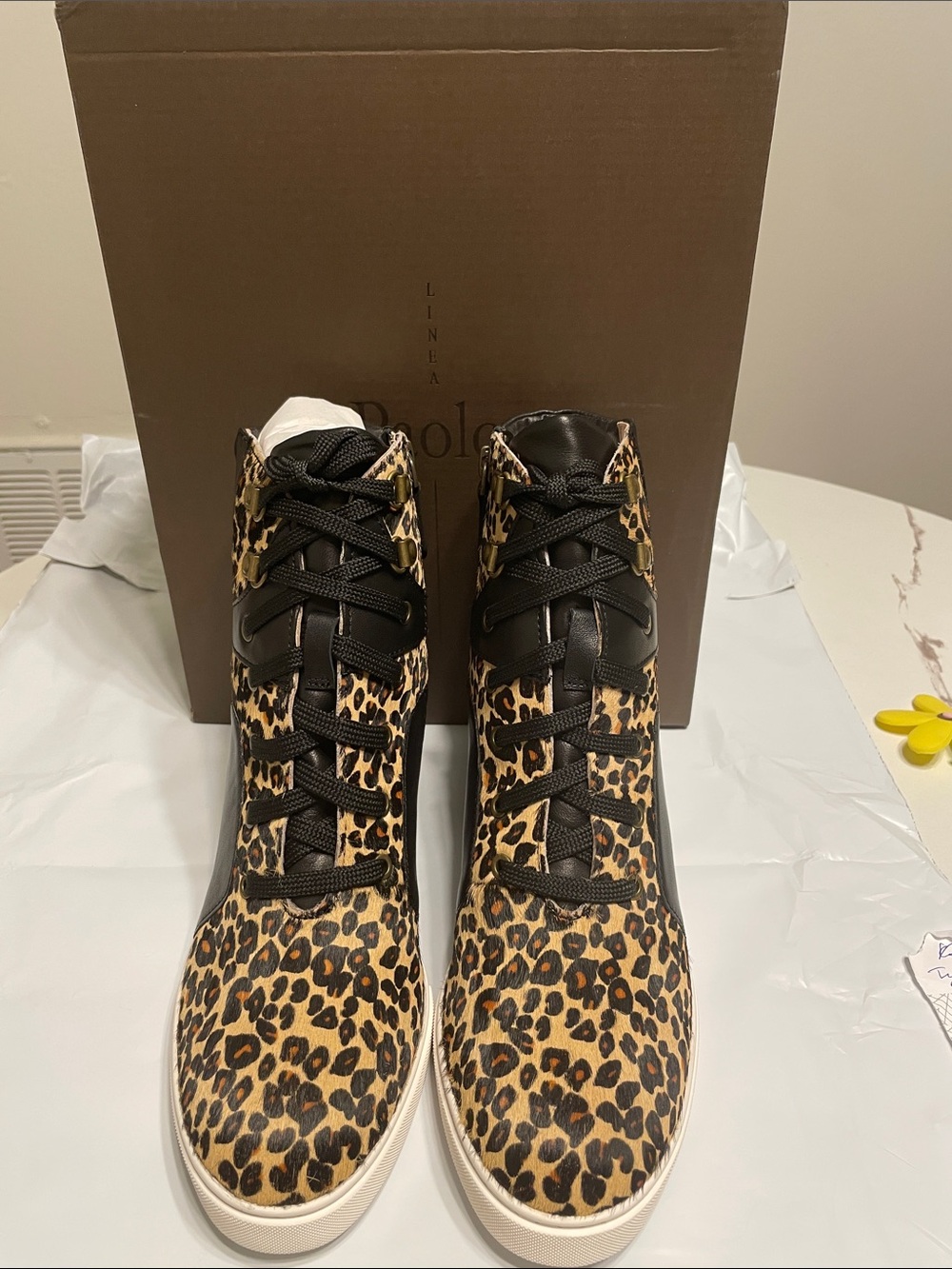 Paolo Leopard Lace-Up High-Top Boots, Elevated Heal Sz 9.5 M